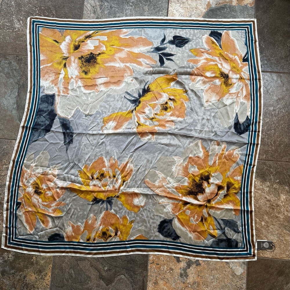 NWT Vince Camuto Floral Scarf – Yellow Gray Teal Lightweight Square Wrap